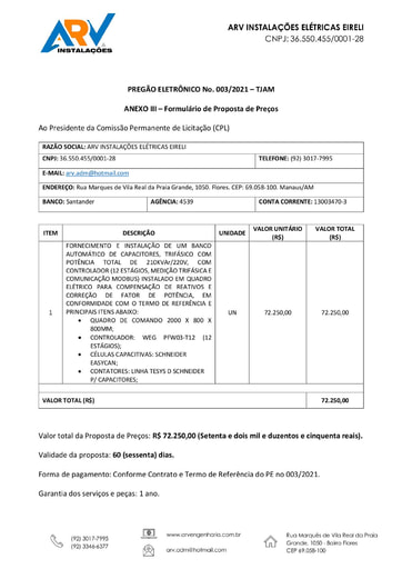 PREGÃO ELETRÔNICO Nº 003/2021 - PROPOSTA - ARV INSTALAÇÕES