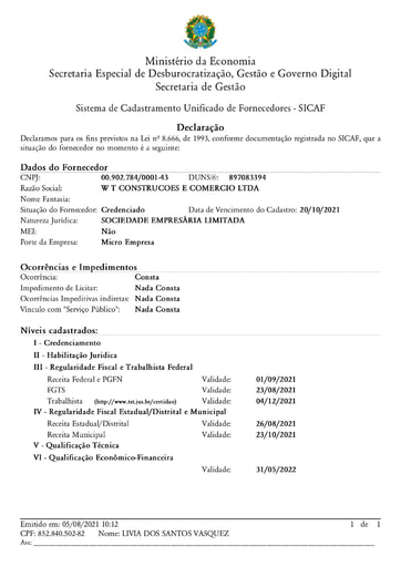 TOMADA DE PREÇOS Nº 002/2021 - SICAF E CNDT - WT