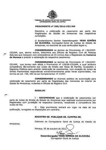 Provimento 200 - Disciplina a celebração de casamento por parte dos Magistrados do Estado do Amazonas nas respectivas jurisdições