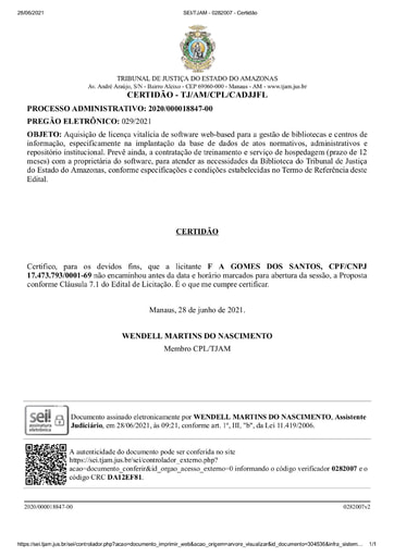 PREGÃO ELETRÔNICO Nº 029/2021 - CERTIDÃO - F A GOMES