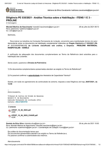 PREGÃO ELETRÔNICO Nº 035/2021 - DILIGÊNCIA - HABILITAÇÃO ITENS 1 E 3 - DOCUMENTOS COMPLEMENTARES - PROLINE