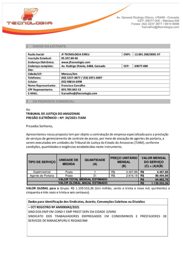 PREGÃO ELETRÔNICO Nº 034/2021 – PROPOSTA RETIFICADA - JF TECNOLOGIA