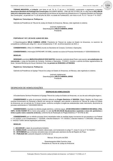 PREGÃO ELETRÔNICO Nº 006/2024 - DESPACHO DE HOMOLOGAÇÃO (DJE)