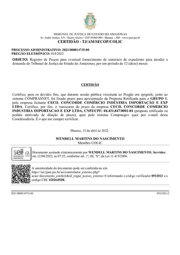 PREGÃO ELETRÔNICO Nº 018/2022 - CERTIDÃO DE DECURSO DE PRAZO - GRUPO 1 - CECIL CONCORDE