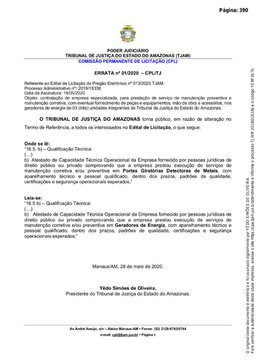 PREGÃO ELETRÔNICO Nº 013/2020 - ERRATA 001/2020