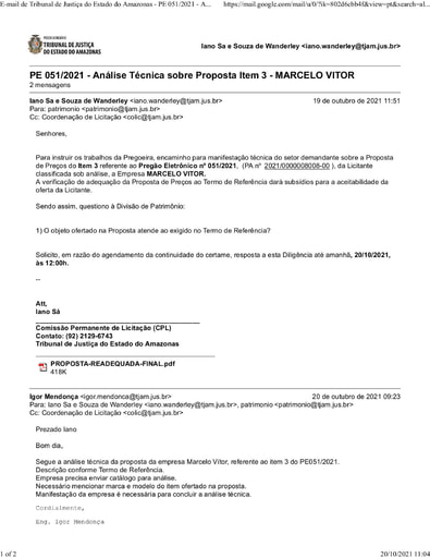 PREGÃO ELETRÔNICO Nº 51/2021 - E-MAIL DILIGÊNCIA - PROPOSTA - ITEM 3 - MARCELO VITOR