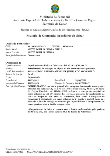 PREGÃO ELETRÔNICO Nº 037/2021 - IMPEDIMENTO - METTA - ITENS 1, 2, 4 E 9