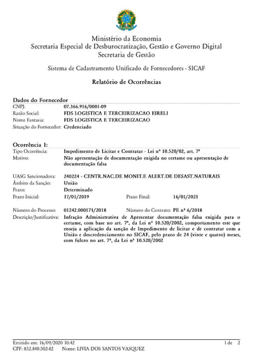 PREGÃO ELETRÔNICO Nº 020/2020 - IMPEDIMENTO - FDS LOGÍSTICA