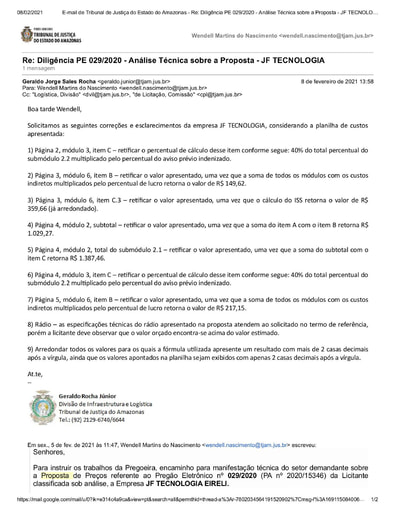 PREGÃO ELETRÔNICO Nº 029/2020 - DILIGÊNCIA CPL À DIVISÃO DE INFRAESTRUTURA E LOGÍSTICA - PROPOSTA - JF TECNOLOGIA