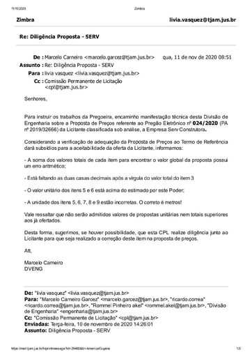 PREGÃO ELETRÔNICO Nº 024/2020 - DILIGÊNCIA CPL À DIVISÃO DE ENGENHARIA - PROPOSTA - SERV CONSTRUTORA