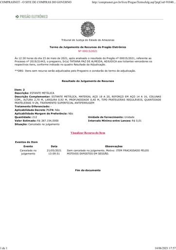 PREGÃO ELETRÔNICO Nº 015/2021 - TERMO DE JULGAMENTO/ADJUDICAÇÃO