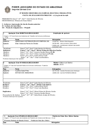 Pauta de Julgamento da Sessão Ordinária da Egrégia Segunda Câmara Cível - 27.04.2026 - PRESENCIAL - Plenário do Tribunal Pleno