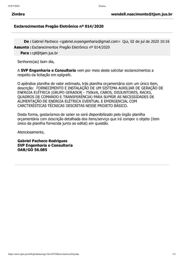 PREGÃO ELETRÔNICO Nº 014/2020 – PEDIDO DE ESCLARECIMENTO - SVP Engenharia e Consultoria