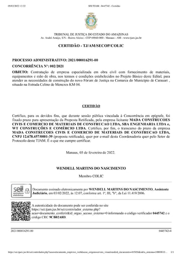 CONCORRÊNCIA Nº 002/2021 - CERTIDÃO
