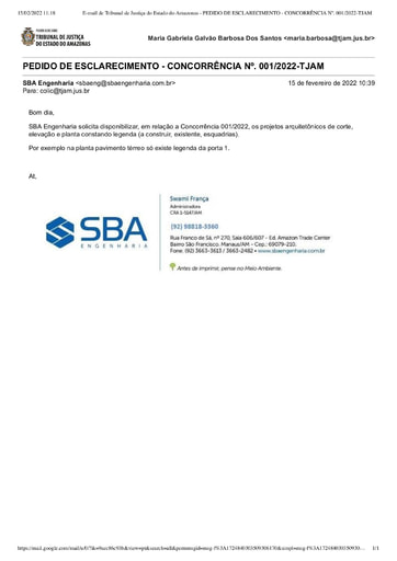 CONCORRÊNCIA Nº 001/2022 - PEDIDO DE ESCLARECIMENTO - SBA