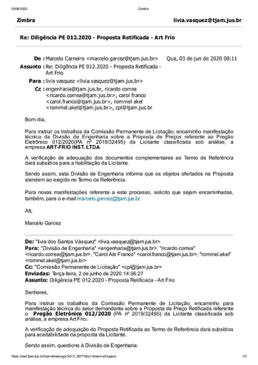 PREGÃO ELETRÔNICO N° 012/2020 – DILIGÊNCIA CPL À DIVISÃO DE ENGENHARIA - PROPOSTA RETIFICADA - ART FRIO