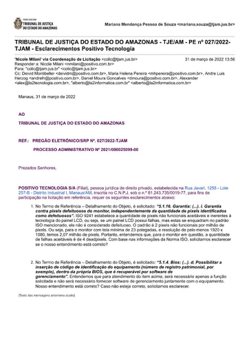 PREGÃO ELETRÔNICO Nº 027/2022 - 4° PEDIDO DE ESCLARECIMENTO - POSITIVO