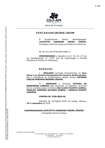 Portaria nº183/2018-CGJ/AM (Realiza Correição Extraordinária na Vara Única e no Cartório Extrajudicial da Comarca de Barreirinha)