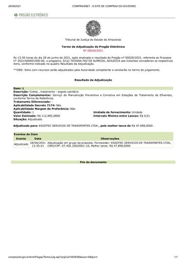 PREGÃO ELETRÔNICO Nº 028/2021 - TERMO DE ADJUDICAÇÃO
