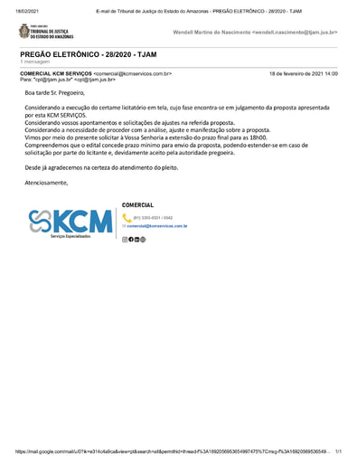 PREGÃO ELETRÔNICO Nº 028/2020 - E-MAIL - KCM SERVIÇOS
