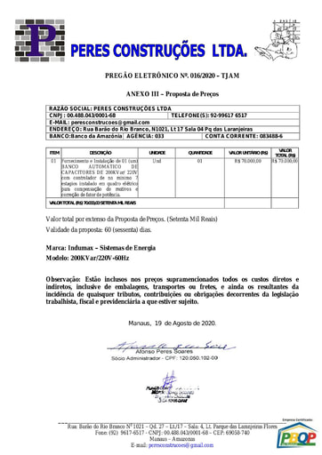 PREGÃO ELETRÔNICO Nº 016/2020 - PROPOSTA - PERES CONSTRUÇÕES LTDA