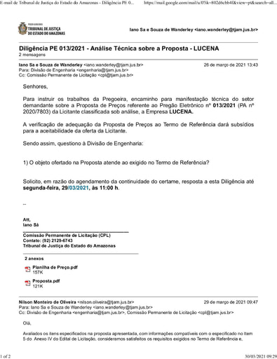 PREGÃO ELETRÔNICO Nº 013/2021 - DILIGÊNCIA CPL À DIVISÃO DE ENGENHARIA - PROPOSTA - LUCENA