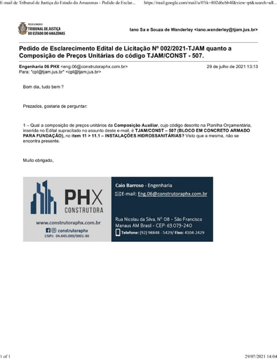 TOMADA DE PREÇOS Nº 002/2021 - PEDIDO DE ESCLARECIMENTO - PHX