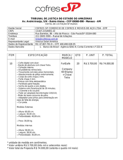 PREGÃO ELETRÔNICO Nº 45/2021 - PROPOSTA RETIFICADA - ITEM 10 - COFRES