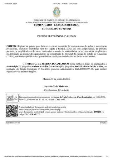 PREGÃO ELETRÔNICO Nº 032/2026 - COMUNICADO DE SUBSTITUIÇÃO DO PREGOEIRO