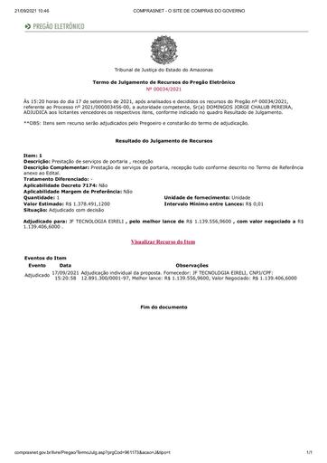 PREGÃO ELETRÔNICO Nº 034/2021 - TERMO DE ADJUDICAÇÃO