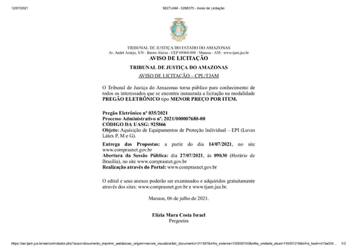 PREGÃO ELETRÔNICO Nº 033/2021 - AVISO DE LICITAÇÃO