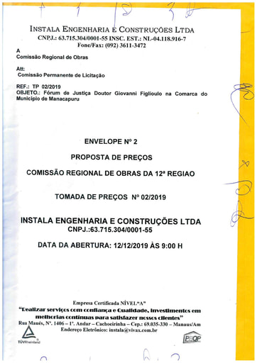 TOMADA DE PREÇOS Nº 002/2019 – PROPOSTA - INSTALA ENGENHARIA