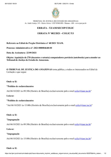 PREGÃO ELETRÔNICO Nº 48/2021 - ERRATA Nº 002/2021 - COLIC/TJ