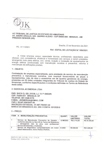 PREGÃO ELETRÔNICO Nº 56/2021 - PROPOSTA - JK ENERGIA