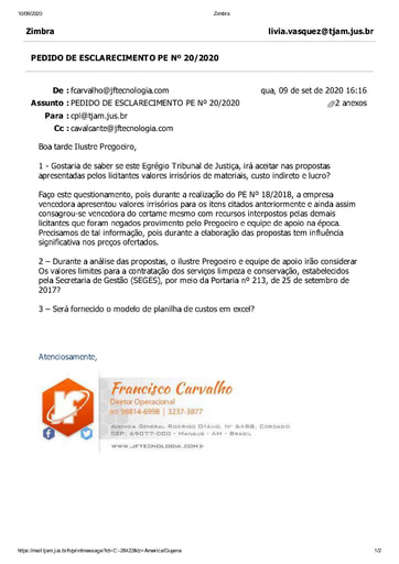 PREGÃO ELETRÔNICO Nº 020/2020 - PEDIDO DE ESCLARECIMENTO - JF TECNOLOGIA