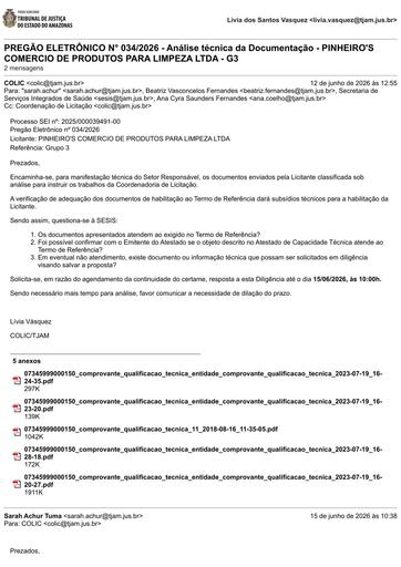 PREGÃO ELETRÔNICO Nº 034/2026 - DILIGÊNCIA COLIC À SESIS - DOCUMENTAÇÃO - PINHEIRO'S - G3