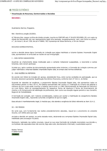 PREGÃO ELETRÔNICO Nº 023/2021 -  RAZÕES - L C SÉCULOS - ITENS 69 - 70 - 71 E 74