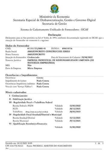 TOMADA DE PREÇOS Nº 004/2021 - SICAF E CNDT - AMAZONCRETO