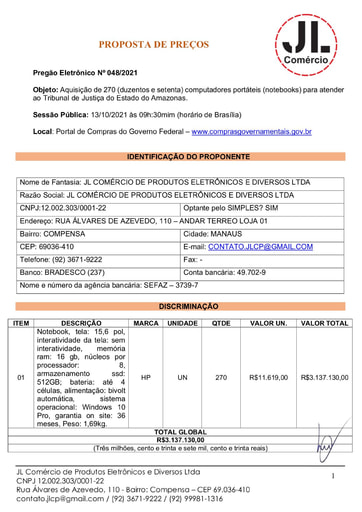 PREGÃO ELETRÔNICO Nº 48/2021 - PROPOSTA - JL COMERCIO