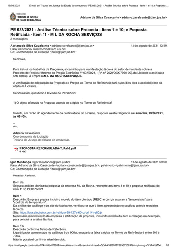 PREGÃO ELETRÔNICO Nº 037/2021 – DILIGÊNCIA CPL À DIVISÃO DE PATRIMÔNIO - PROPOSTA - ITENS 1 E 10; E PROPOSTA RETIFICADA 11 - ML DA ROCHA