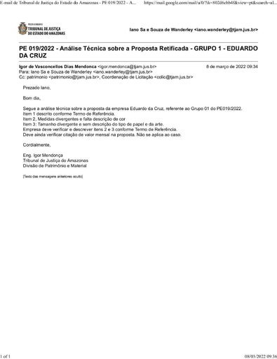 PREGÃO ELETRÔNICO Nº 019/2022 - DILIGÊNCIA COLIC À DIVISÃO DE PATRIMÔNIO - PROPOSTA - GRUPO 1 - EDUARDO DA CRUZ