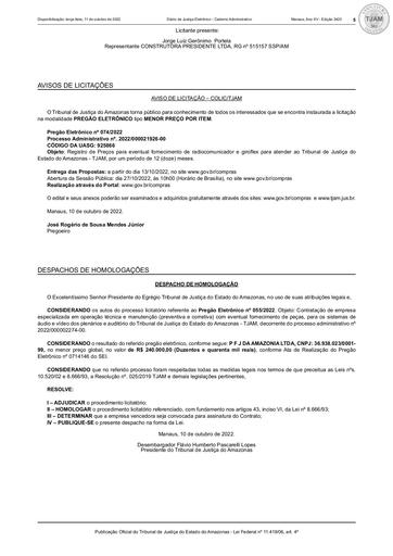 PREGÃO ELETRÔNICO Nº 055/2022 - DESPACHO DE HOMOLOGAÇÃO (DJE)