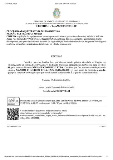 PREGÃO ELETRÔNICO Nº 023/2026 - CERTIDÃO DE DECURSO DE PRAZO - NWSHOP COMERCIO LTDA - ITEM 1
