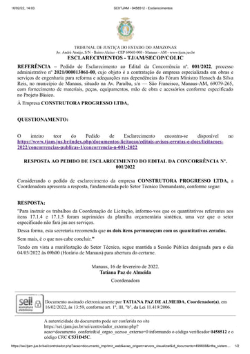 CONCORRÊNCIA Nº 001/2022 - RESPOSTA AO PEDIDO DE ESCLARECIMENTO - CONSTRUTORA PROGRESSO