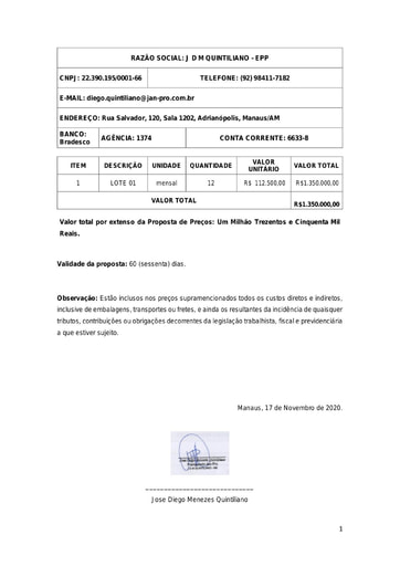 PREGÃO ELETRÔNICO Nº 027/2020 - PROPOSTA ITEM 1 - J D M