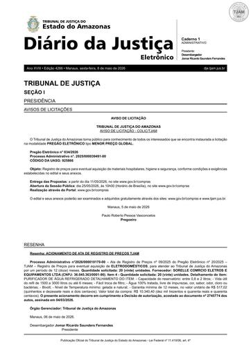 PREGÃO ELETRÔNICO Nº 034/2026 - AVISO DE LICITAÇÃO (DJE)