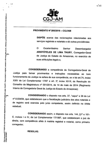 PROVIMENTO 285 - Dispõe acerca das reclamações relacionadas aos serviços registrais e notariais