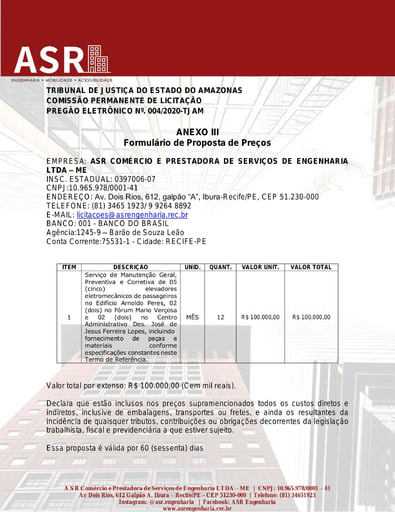 PREGÃO ELETRÔNICO Nº 004/2020 - PROPOSTA - ASR