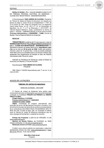 PREGÃO ELETRÔNICO Nº 012/2020 - AVISO DE LICITAÇÃO - DJE
