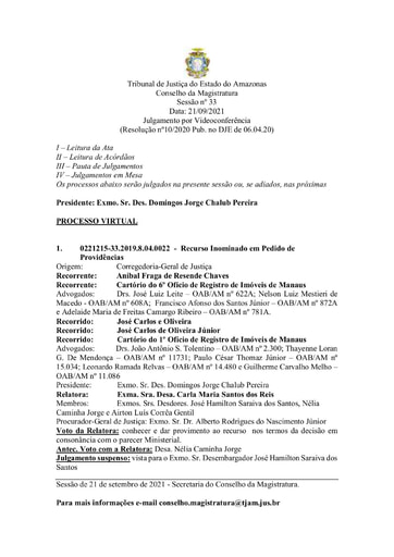 Pauta de Julgamento do Conselho da Magistratura para o dia 21.09.2021
